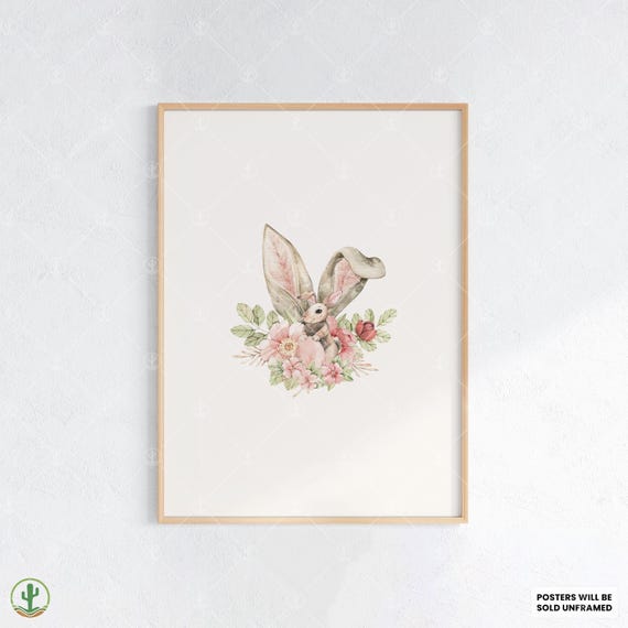 Floral Bunny With Big Ears Nursery Wall Art Print Cute Baby Room Decor Animal Kids Poster