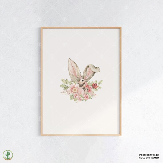 Watercolor Bunny With Big Ears Pink Floral Wreath Nursery Poster