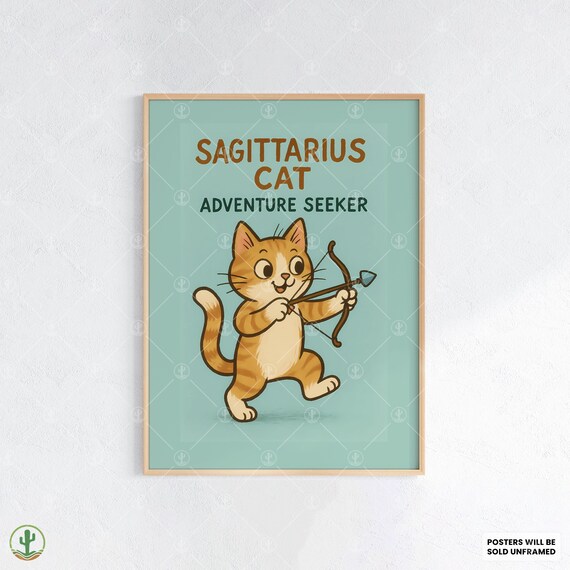 Sagittarius Cat Zodiac Poster Playful Astrology Print Featuring Adventurous With Bow And Arrow For Free Spirits