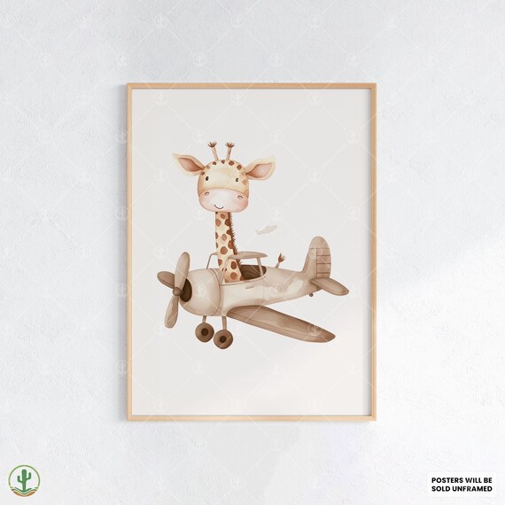 Baby Giraffe Riding Vintage Airplane Watercolor Nursery Poster