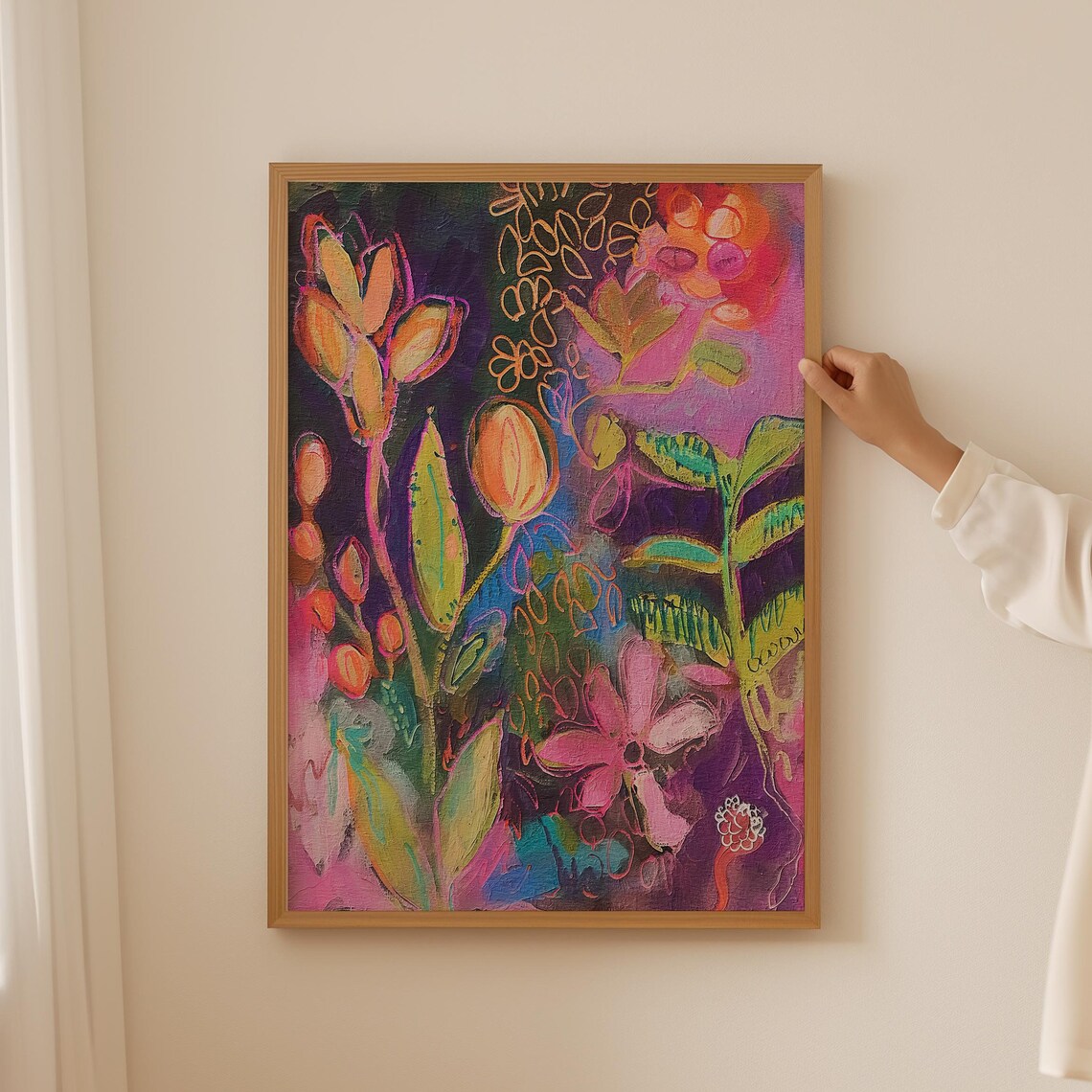 Neon Floral Abstract Dark Background Botanical Maximalist Poster