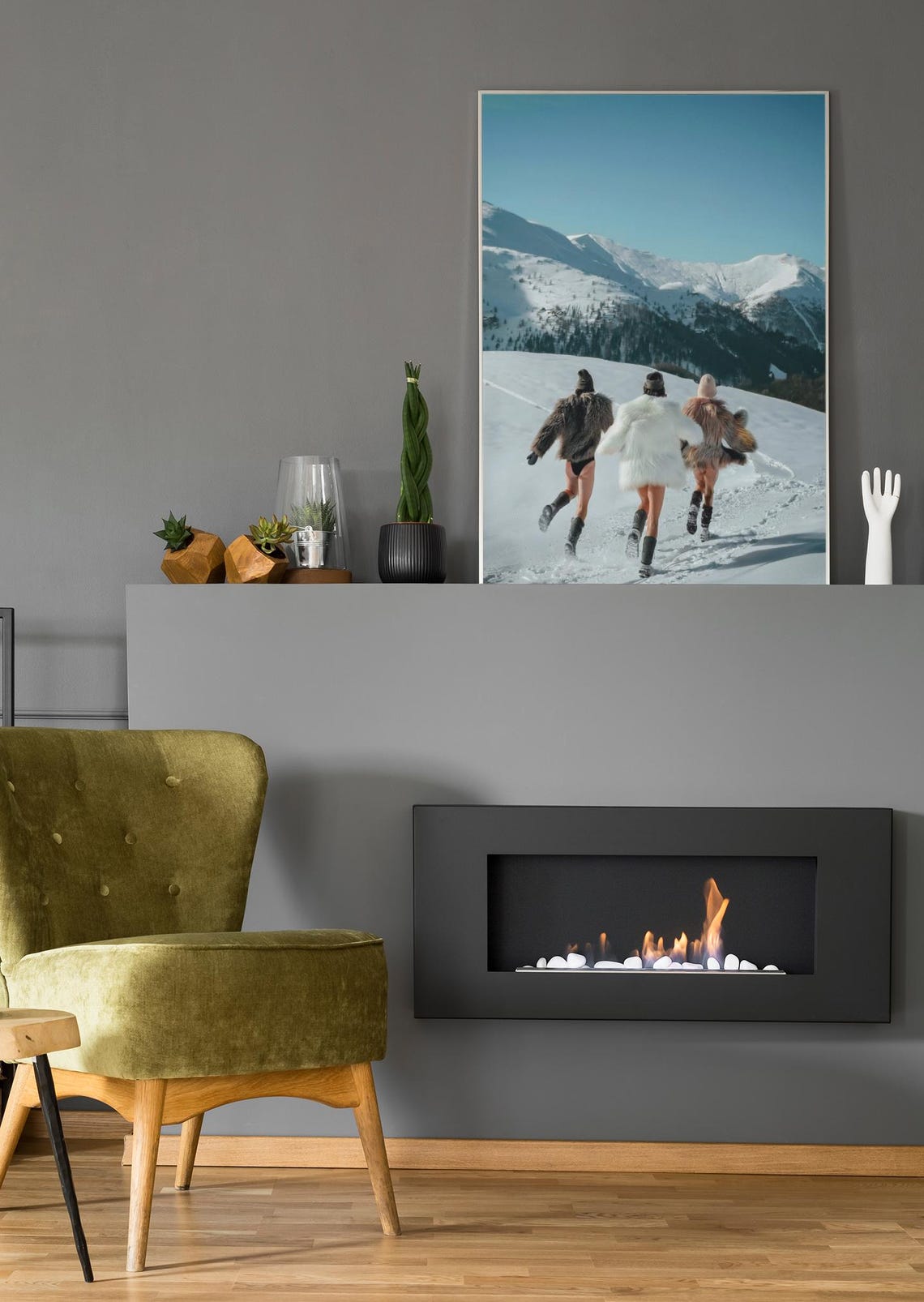 Friends In Fur Coats Running Toward Snowy Mountain Peaks Poster - Image 3