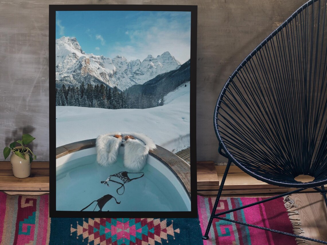 Steaming Hot Tub Against Snowy Mountain Peaks Winter Art Poster - Image 3
