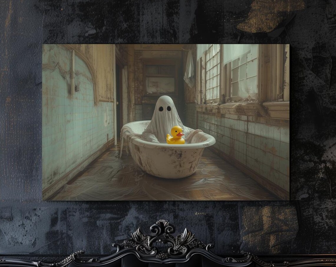 Cute Ghost In Bathtub With Rubber Duck Spooky Funny Wall Art