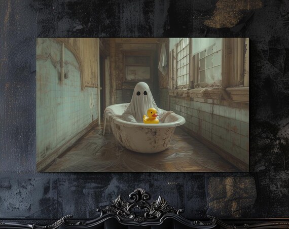 Cute Ghost In Bathtub With Rubber Duck Spooky Funny Wall Art
