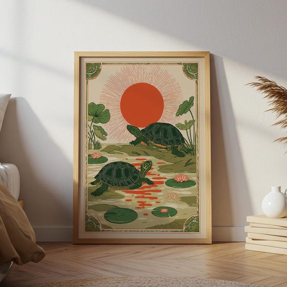 Two Turtles Folk Art Print Vintage Botanical Illustration