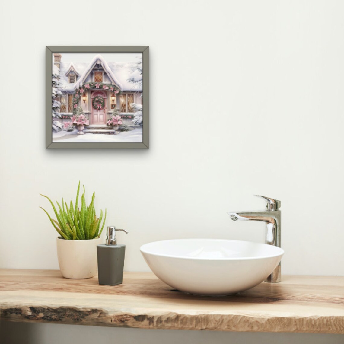 Watercolor Pink Country House at Christmas with Snow Poster Art - Image 4