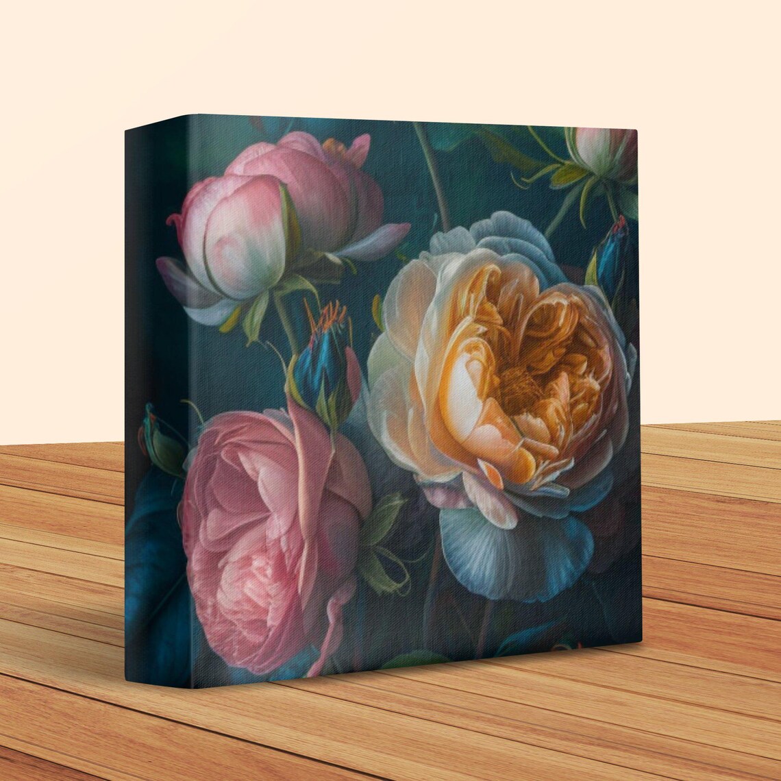 Moody Dark Floral Oil Painting of Pink and Cream Roses Poster - Image 2