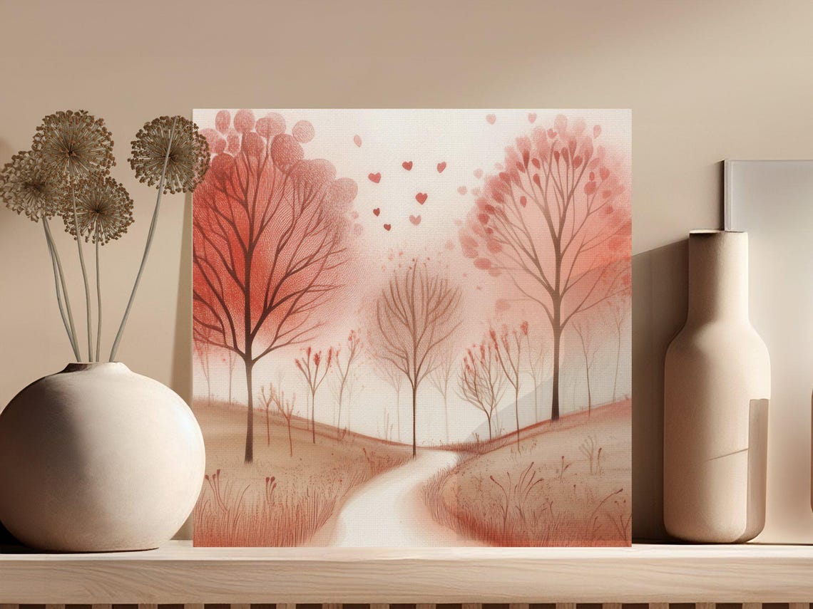 Romantic Love Trees Heart Shaped Leaves Winding Path Autumn Art Poster - Image 3