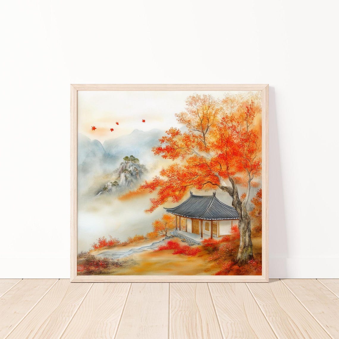 East Asian Pavilion Autumn Red Maples Misty Mountains Painting Poster