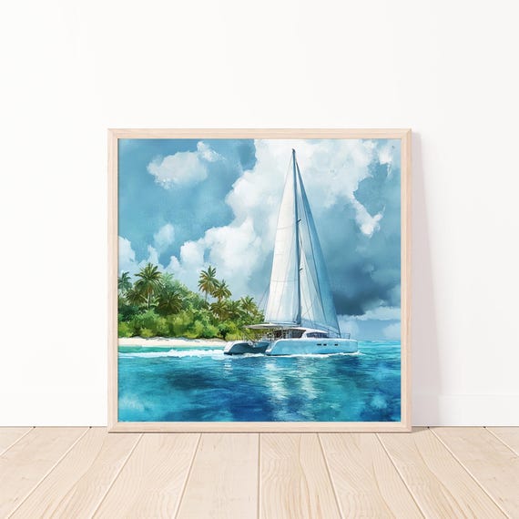 Coastal Sailboat Tropical Beach Wall Art Relaxing Ocean Scene Nautical Decor Beach House Art Catamaran 20x20