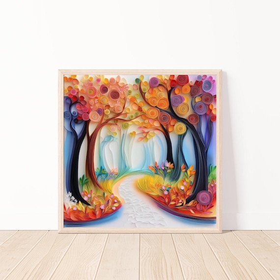 Vibrant Paper Quilling Autumn Forest Path in Warm Tones Poster