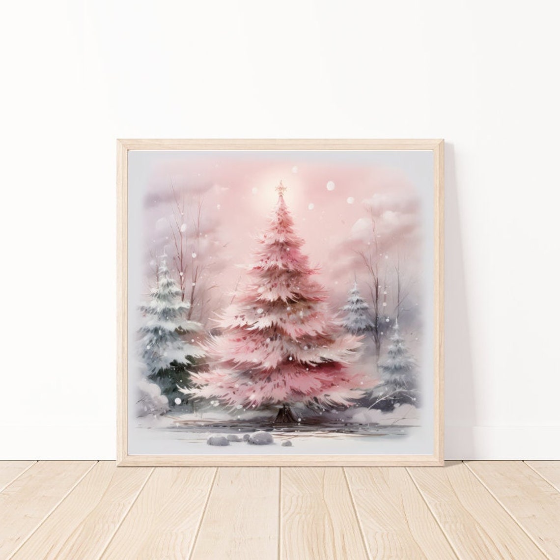 Pink Christmas Trees in a Dreamy Snowy Soft Winter Forest Poster