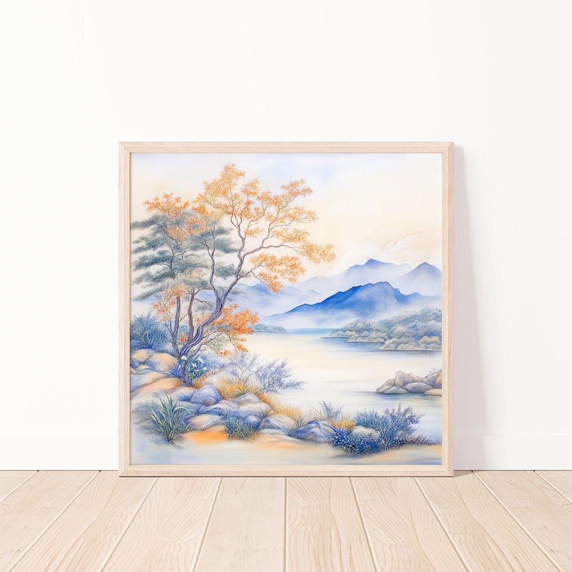 Serene Blue Mountain Landscape Golden Tree Rocky Shore Calm Art Poster - Image 4