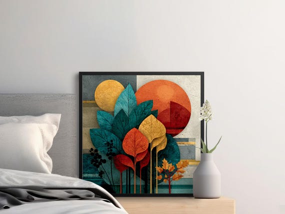 Geometric Leaves Art Print Abstract Nature Fall Colors Wall Modern Poster 20x20