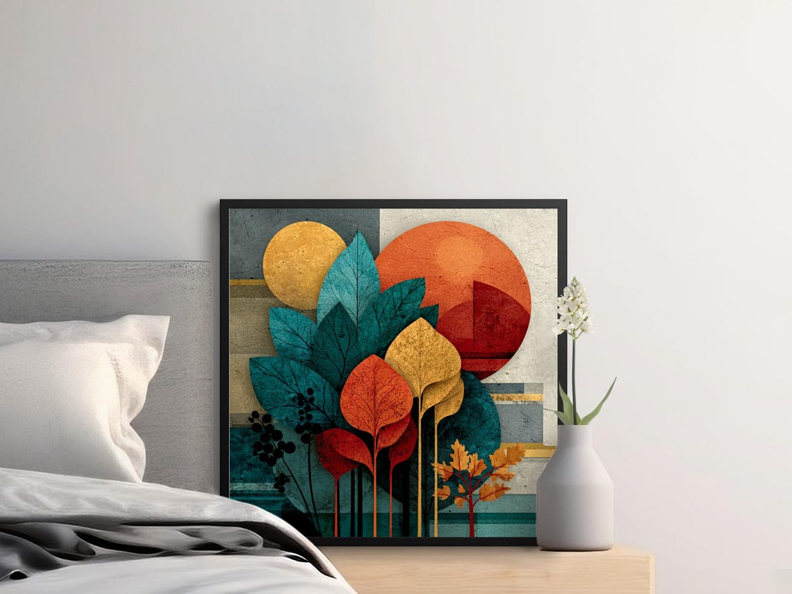 Geometric Leaves Art Print Abstract Nature Fall Colors Wall Modern Poster 20x20