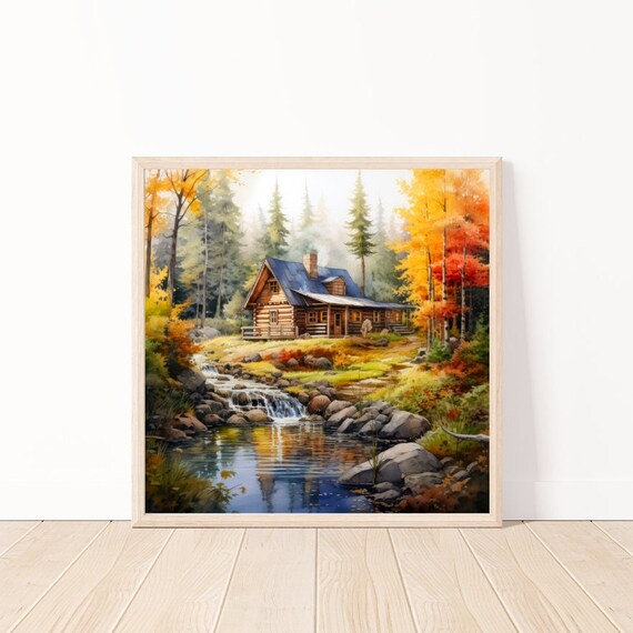 Watercolor Rustic Cabin in Autumn by a Peaceful Stream Poster Art