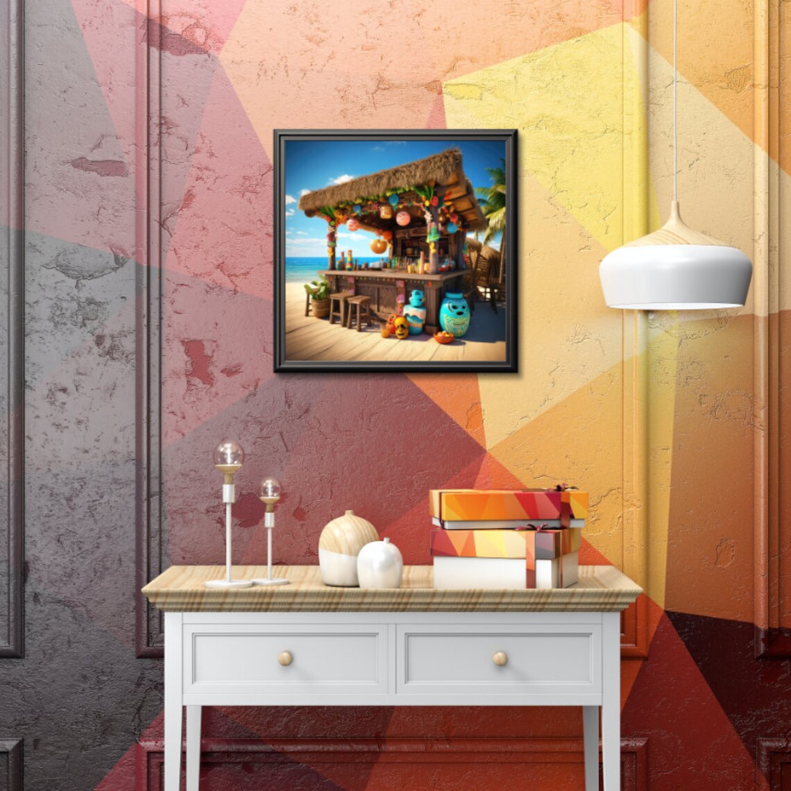 Island Beach Bar with Thatched Roof and Tiki Lanterns Poster Art - Image 3