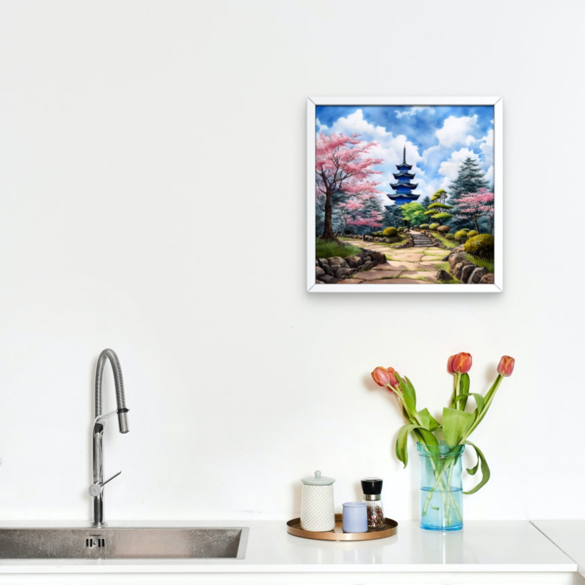 Blue Pagoda Japanese Watercolor Cherry Blossom Garden Path Poster - Image 4