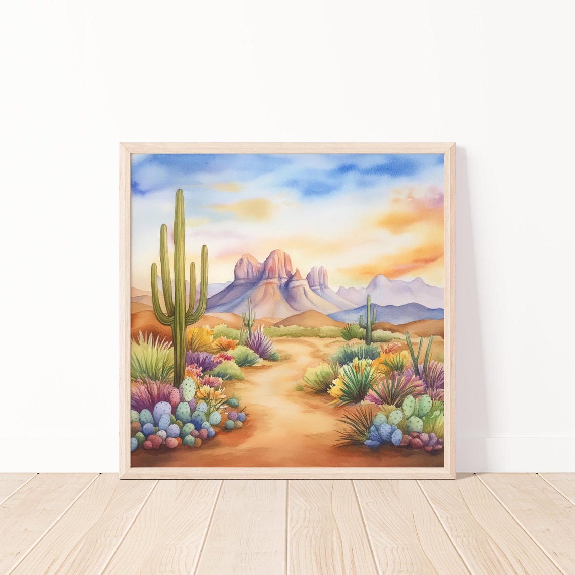 Desert Sunset Watercolor Saguaro Cactus Mountain View Art Poster