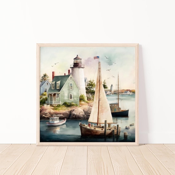 Coastal Lighthouse, Nautical Vintage Ocean Scene