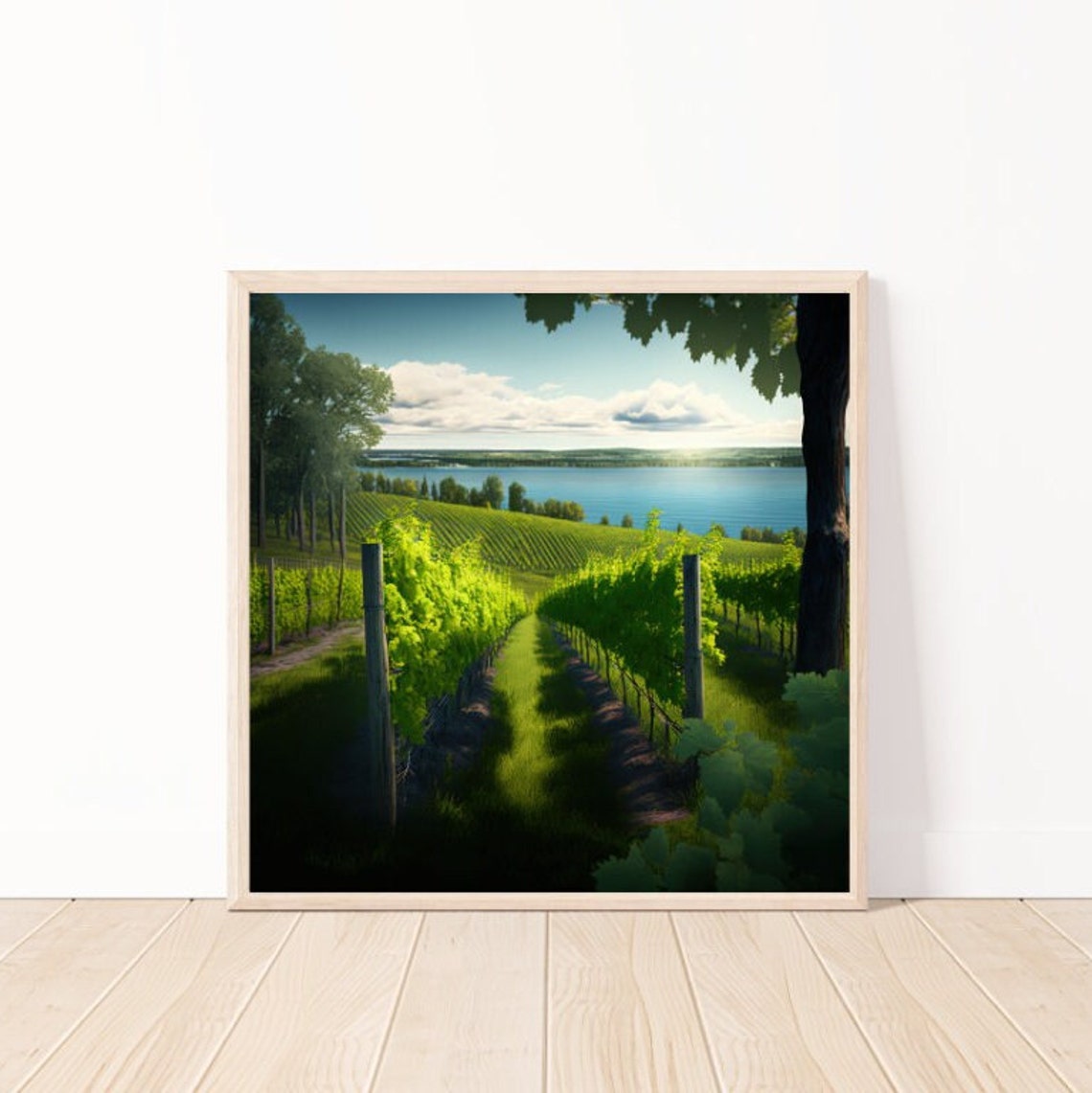Sunset Vineyard Rows Leading Down to a Blue Lake View Poster