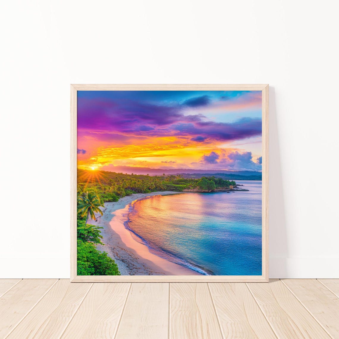 Vivid Tropical Beach Sunset Over Curved Shoreline Ocean Wall Art