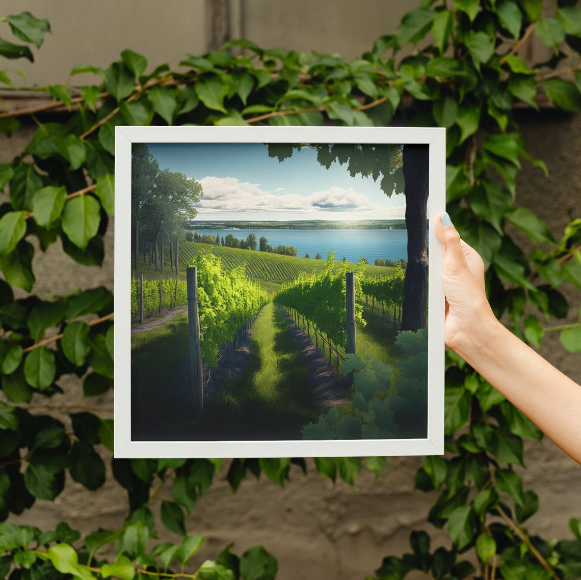 Sunset Vineyard Rows Leading Down to a Blue Lake View Poster - Image 4