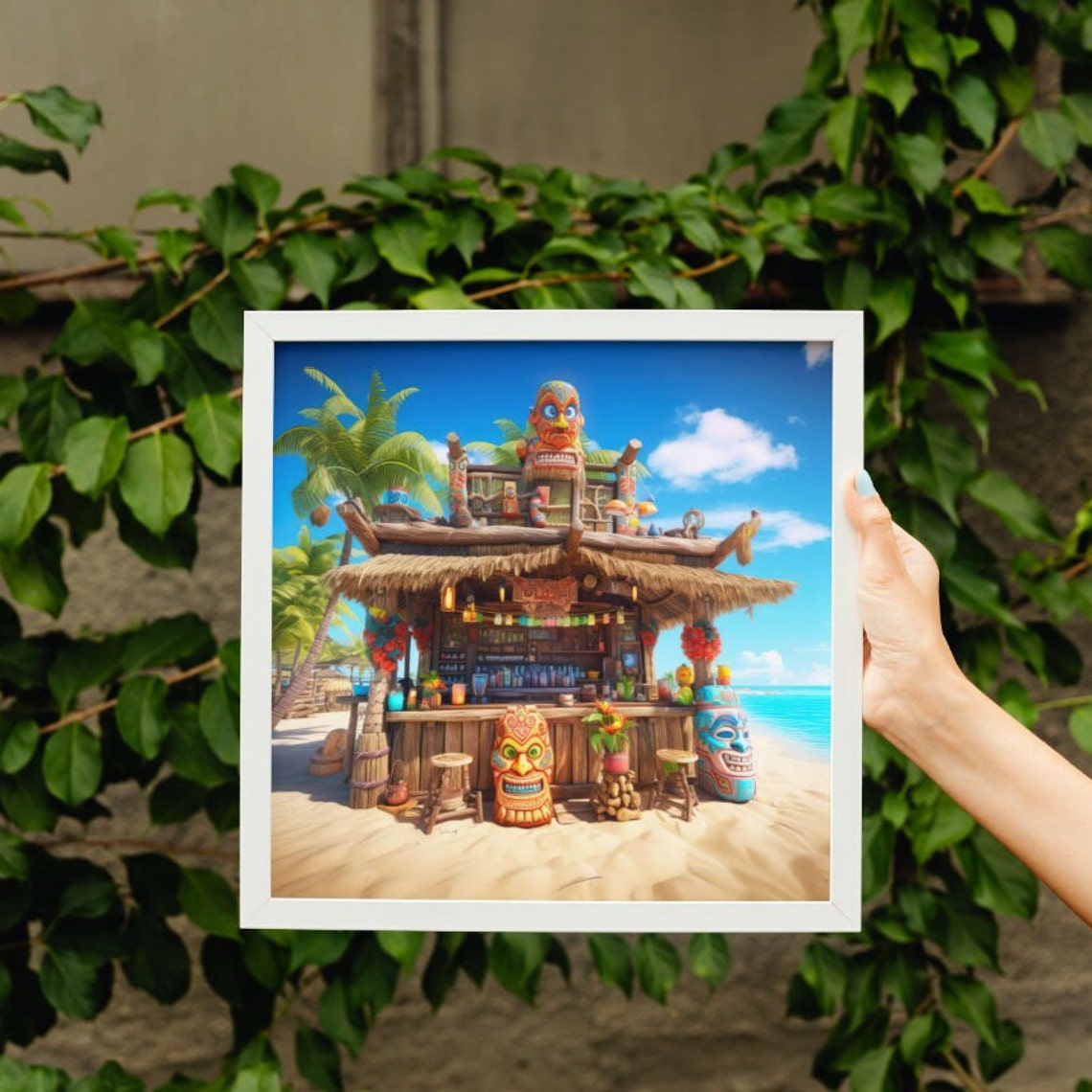 Tropical Tiki Beach Bar with Carved Statues and Palm Trees Poster - Image 3