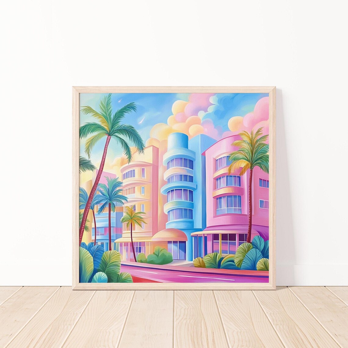 Miami Beach Pastel Art Deco Hotels Palm Trees Retro Tropical Travel Poster