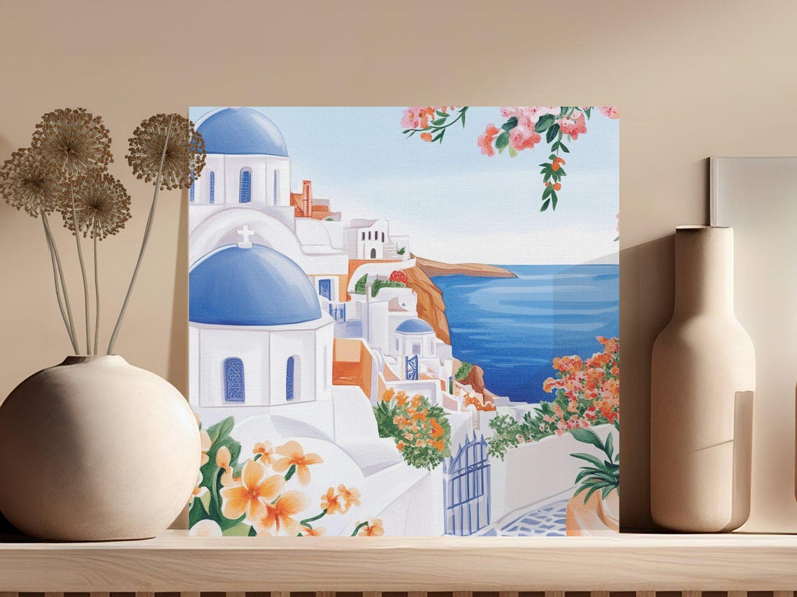 Santorini Blue Domed Churches With Flowers Above the Sea Poster - Image 3