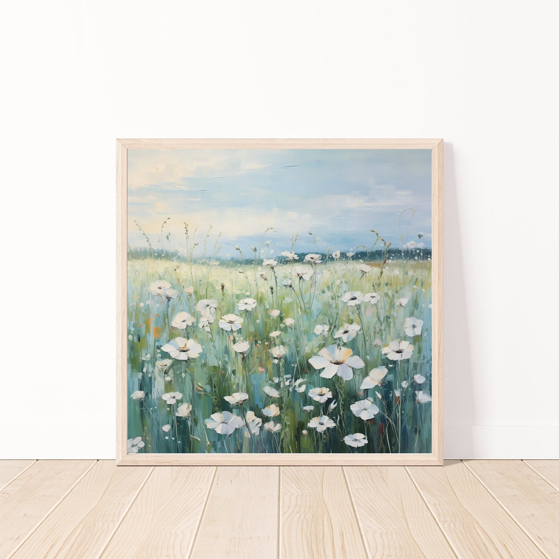 White Daisy Wildflower Field Soft Sky Impressionist Oil Art Poster