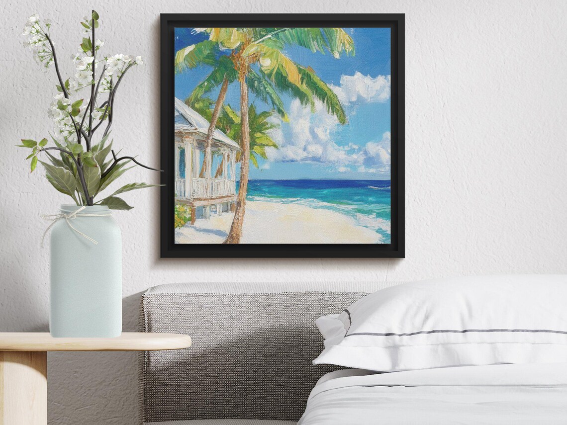 Tropical Beach House Palm Trees Turquoise Ocean Oil Painting Poster - Image 4