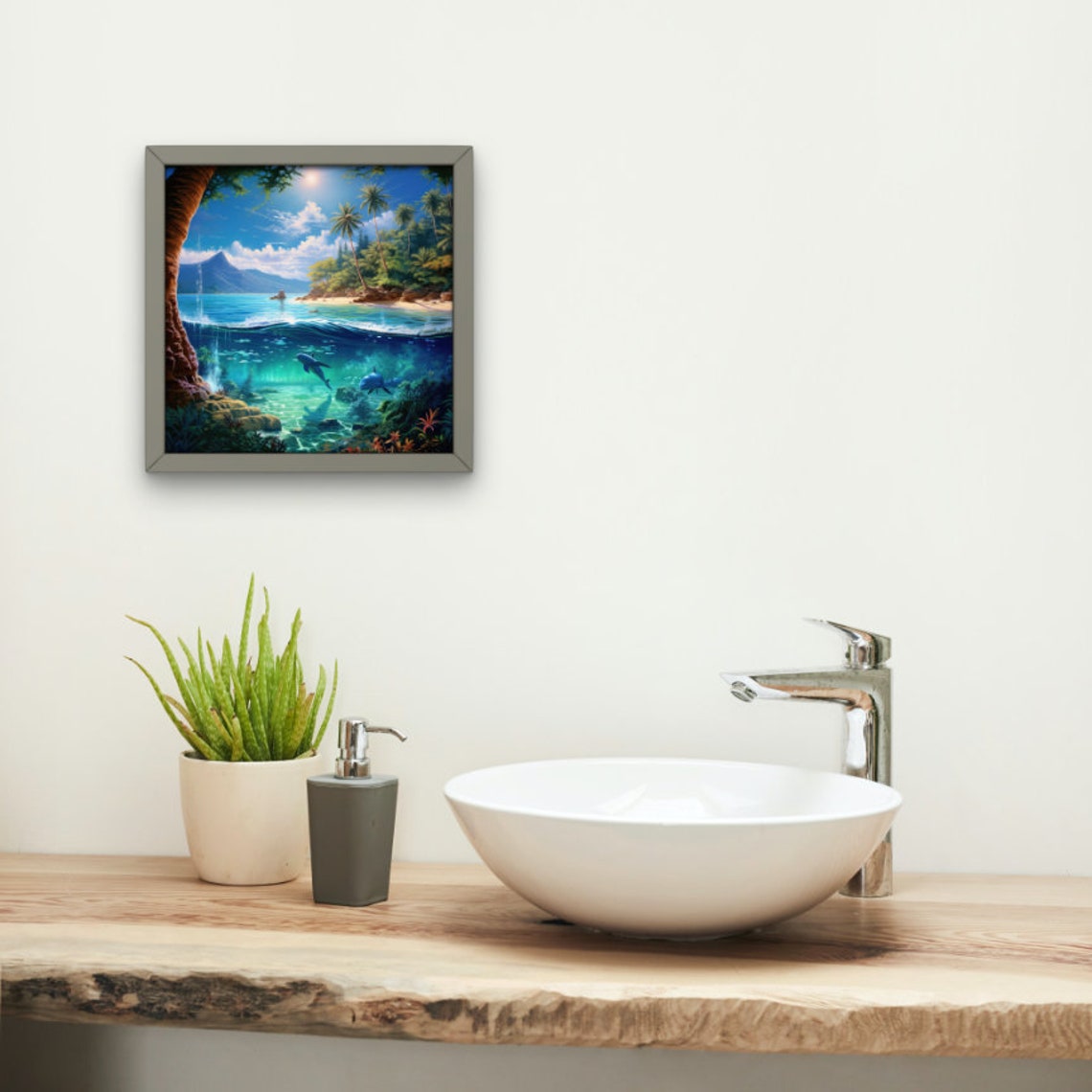 Tropical Island Above Water Dolphins Underwater Split View Art Poster - Image 3