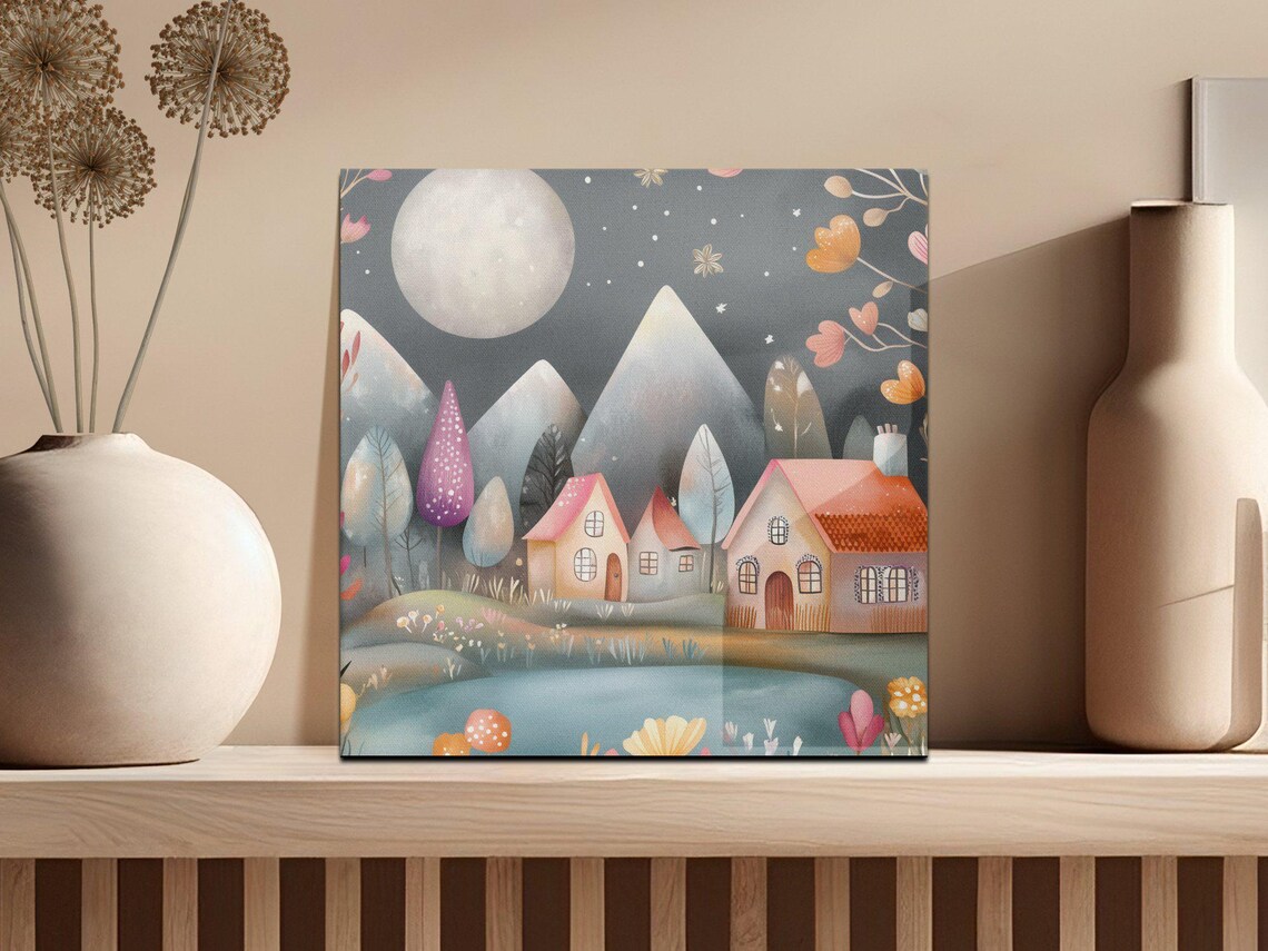 Whimsical Moonlit Village Full Moon Cottages Fantasy Night Scene Poster - Image 2