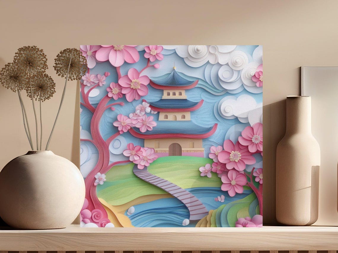 Paper Quilling Japanese Pagoda Surrounded by Cherry Blossoms Poster - Image 3