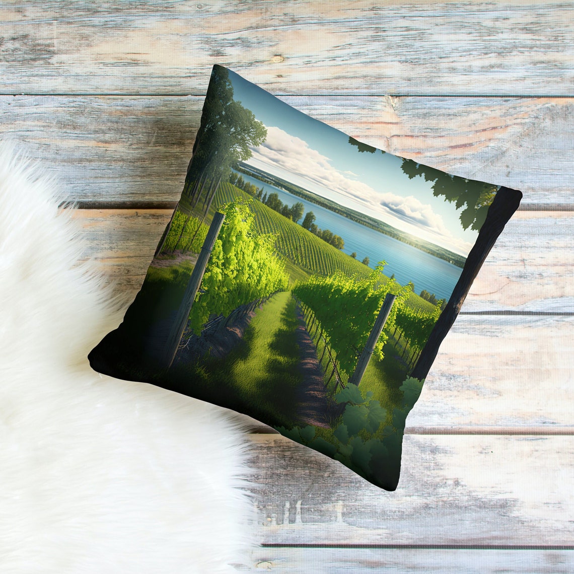 Sunset Vineyard Rows Leading Down to a Blue Lake View Poster - Image 2