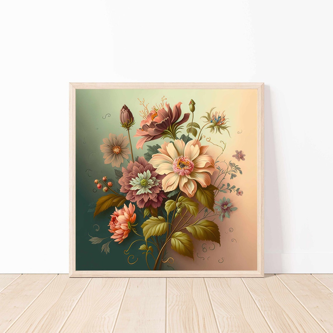 Elegant Botanical Floral Bouquet on Deep Green Background Poster