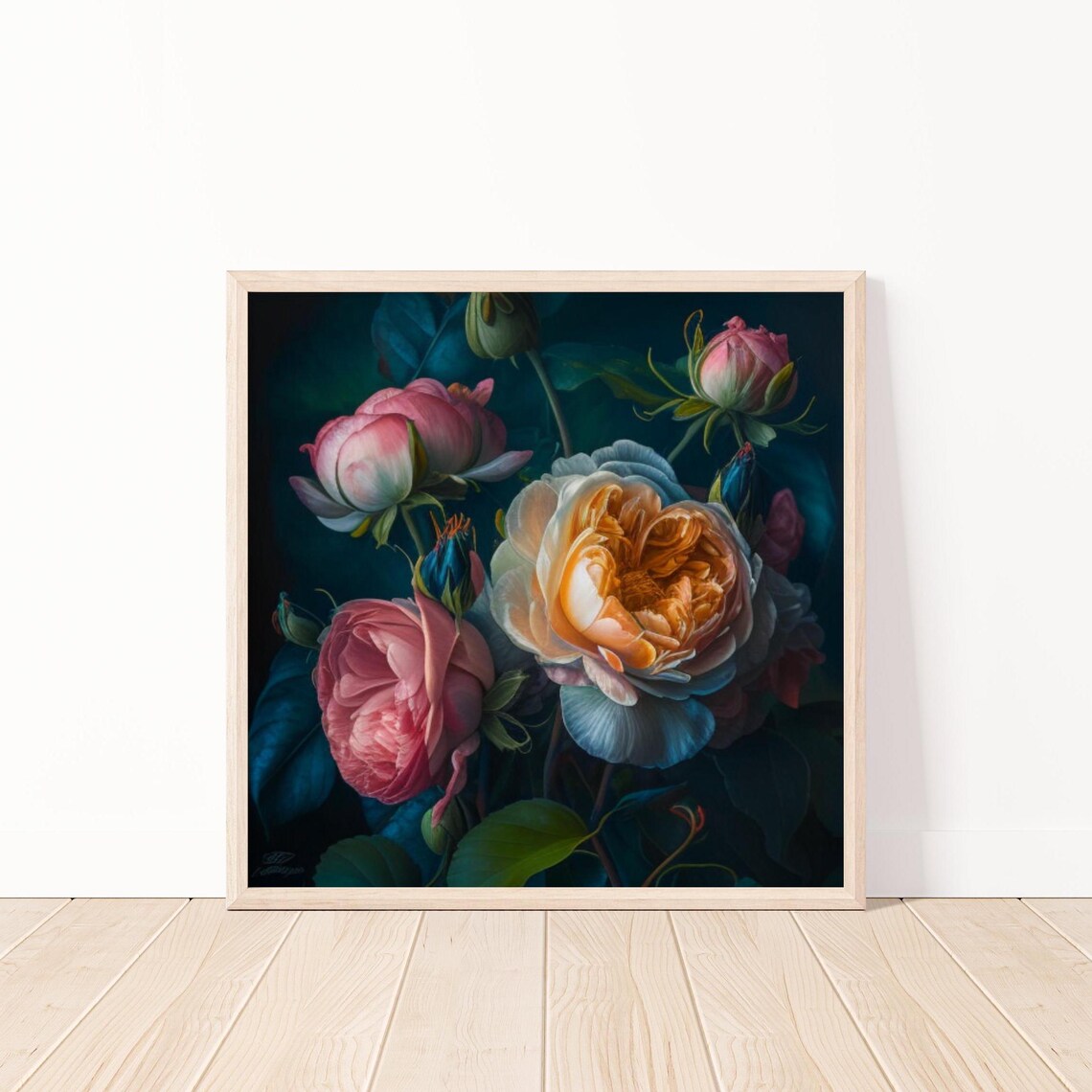 Moody Dark Floral Oil Painting of Pink and Cream Roses Poster