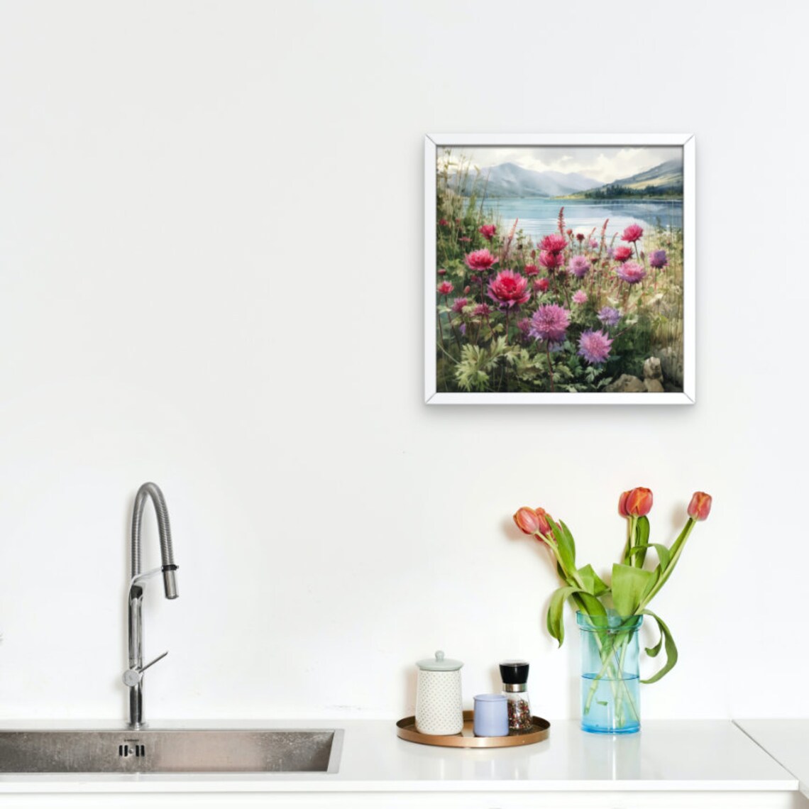 Watercolor Mountains Flowers Scene, Rustic Art Print - Image 2