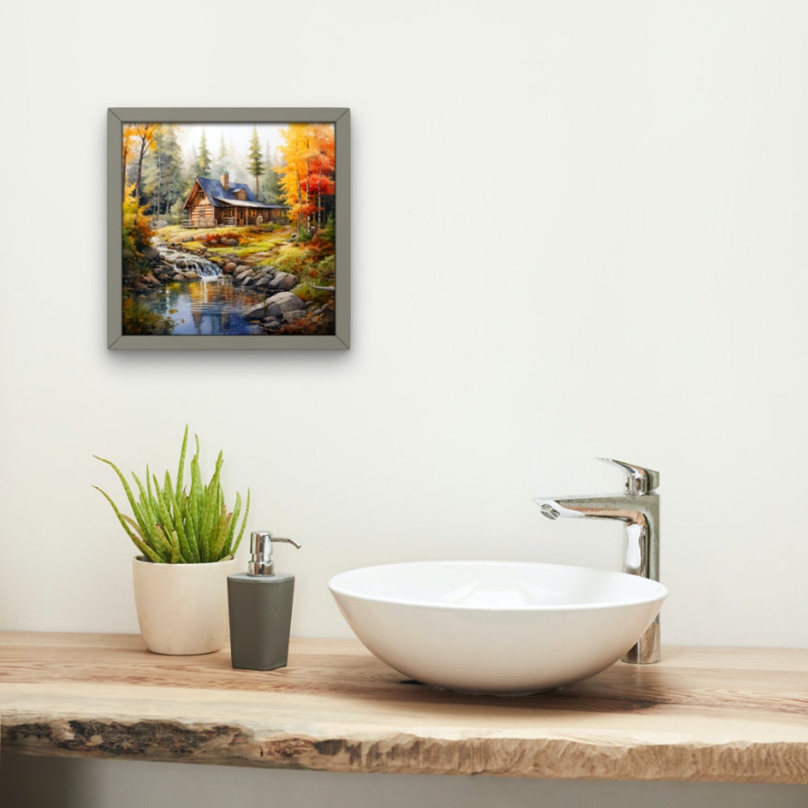 Watercolor Rustic Cabin in Autumn by a Peaceful Stream Poster Art - Image 3