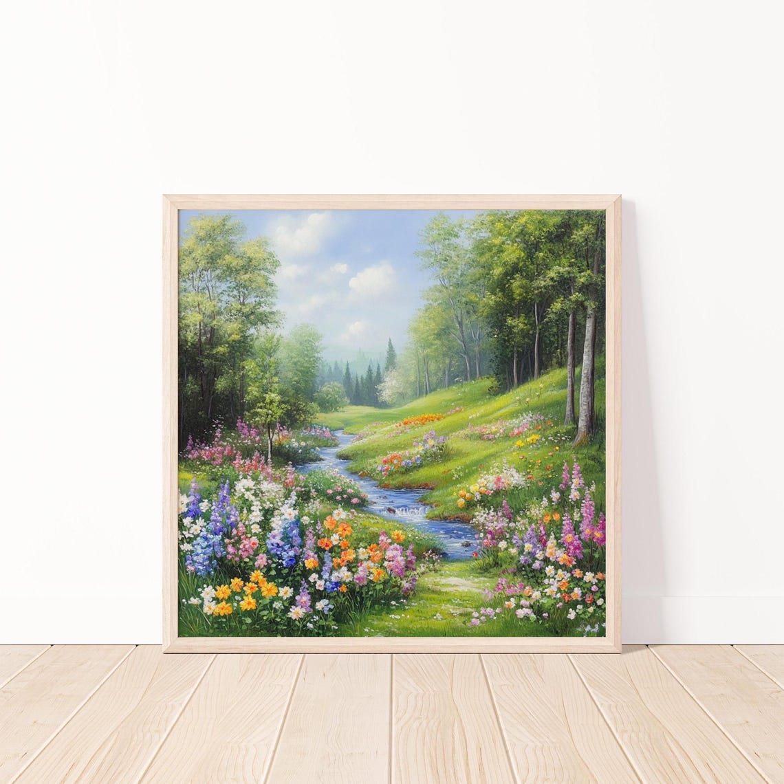 Serene Forest Stream Wildflower Meadow Lush Green Woods Nature Poster