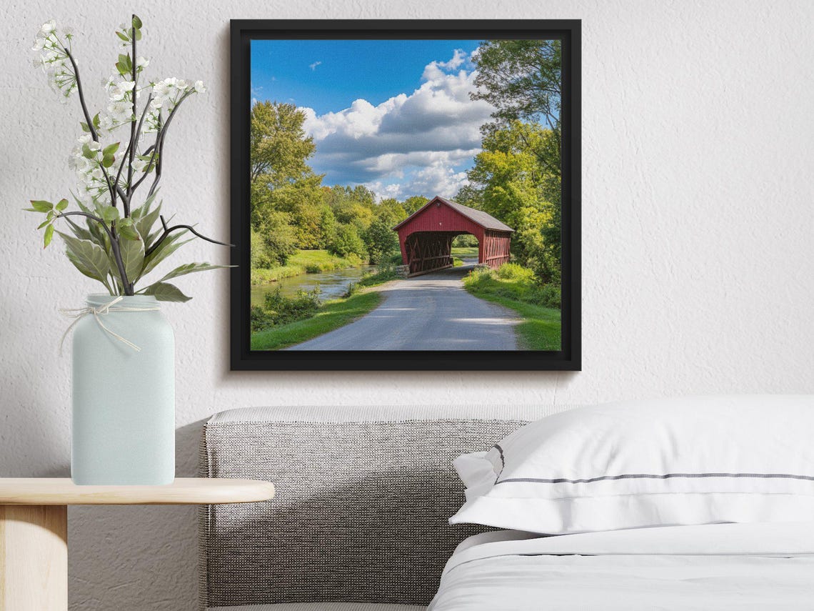 Red Covered Bridge Countryside River Road Scenic Summer Photo Poster - Image 3