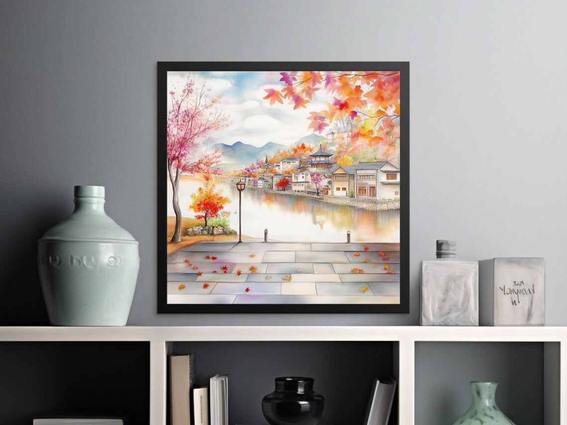 Autumn Village Pagoda River Red Maple Leaves Old Town Watercolor Poster - Image 2