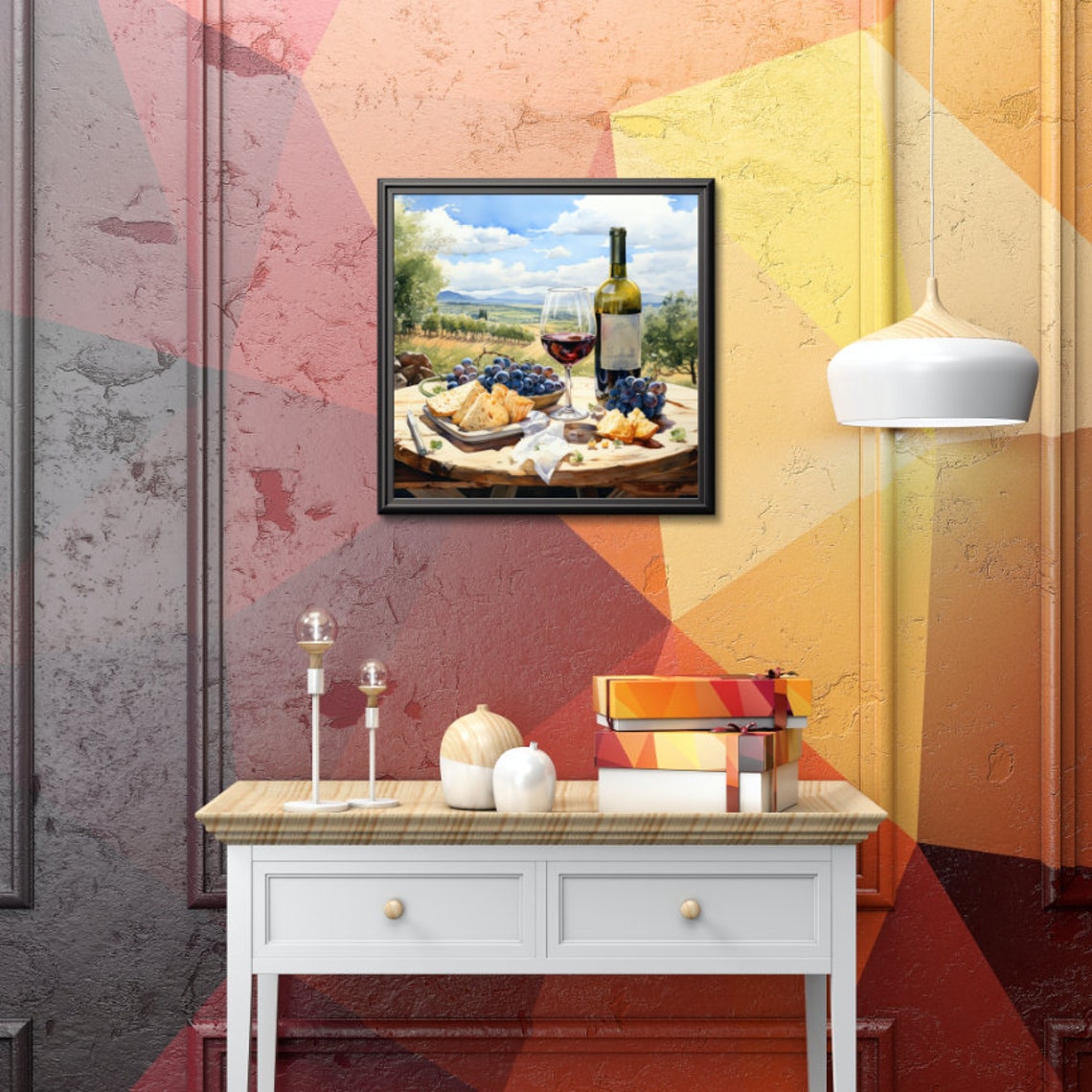 Red Wine Glass and Bottle With Cheese and Grapes Countryside Poster - Image 3