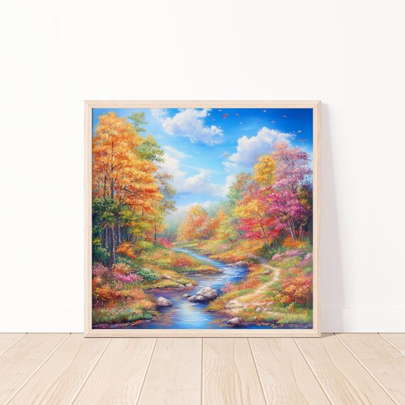 Autumn River Colorful Fall Forest Stream Rocks Scenic Nature Poster