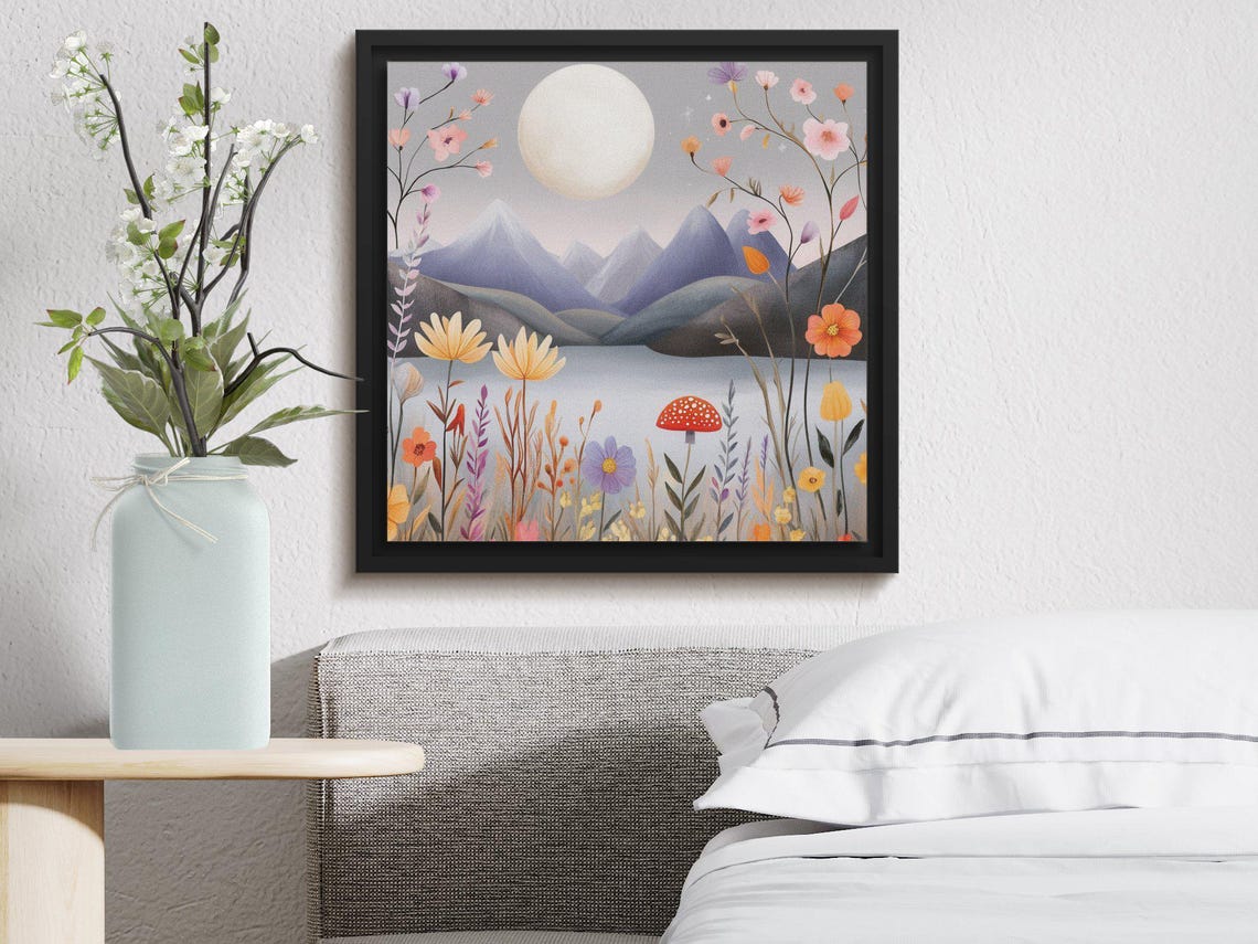 Full Moon Mountain Lake Wildflower Meadow Starry Night Nature Poster - Image 2