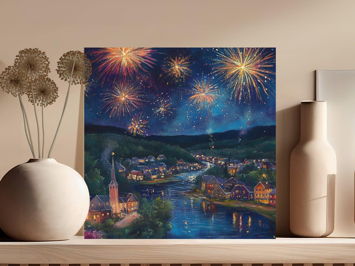Fireworks Night Sky Celebration Over Riverside Town Painting Poster - Image 2