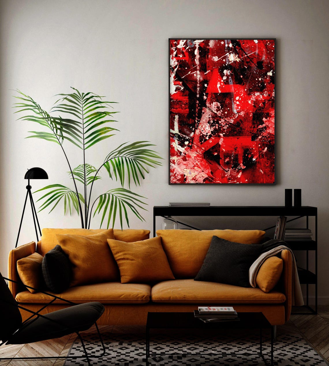 Abstract Geometric Painting Acrylic On Paper Red White Black Lines And Strokes Art Abstract Print - Image 3