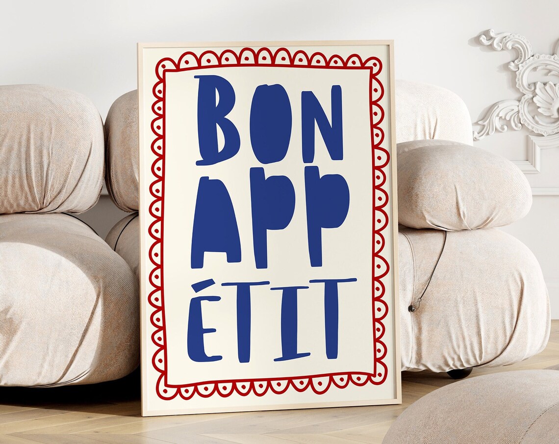 Bon Appetit Blue Typography With Red Scalloped Border Poster